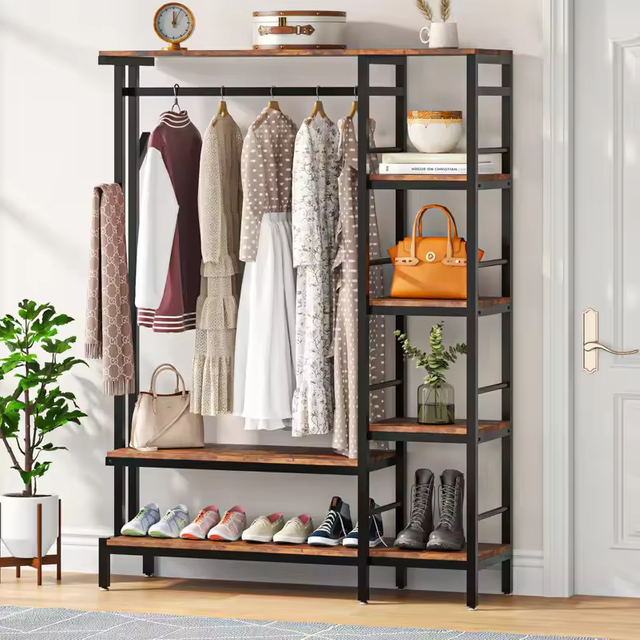 Manufacturer Custom Hot-selling Storage Clothes Rack Multi-function Steel and Wood Structure Clothes Display Rack
