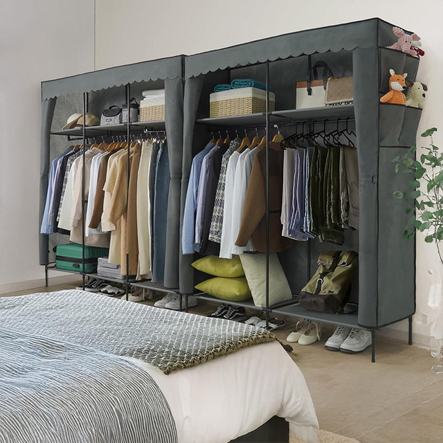 Factory Custom Heavy Duty 3-Layered Metal+Fabric Folding Clothing Wardrobe with Strong Load-Bearing Capacity for Living Room