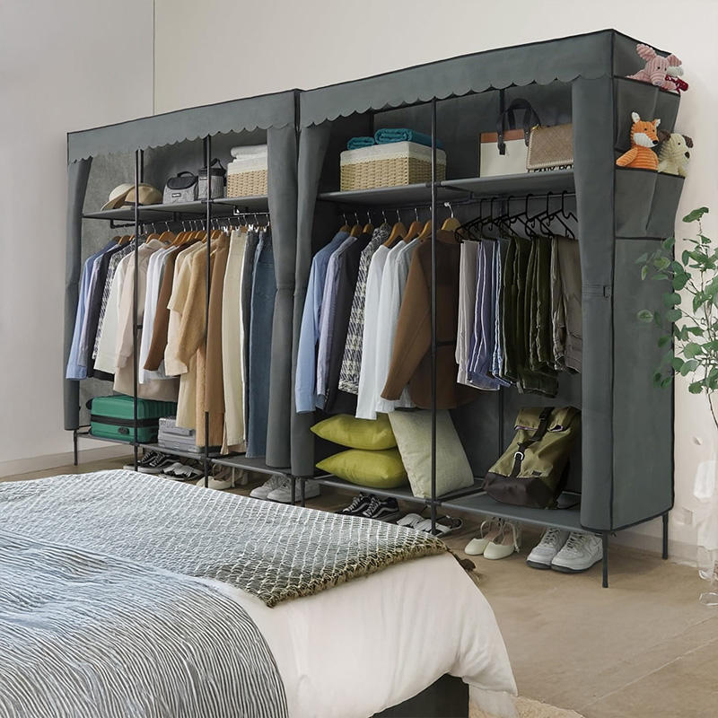 Factory Custom Heavy Duty 3-Layered Metal+Fabric Folding Clothing Wardrobe with Strong Load-Bearing Capacity for Living Room