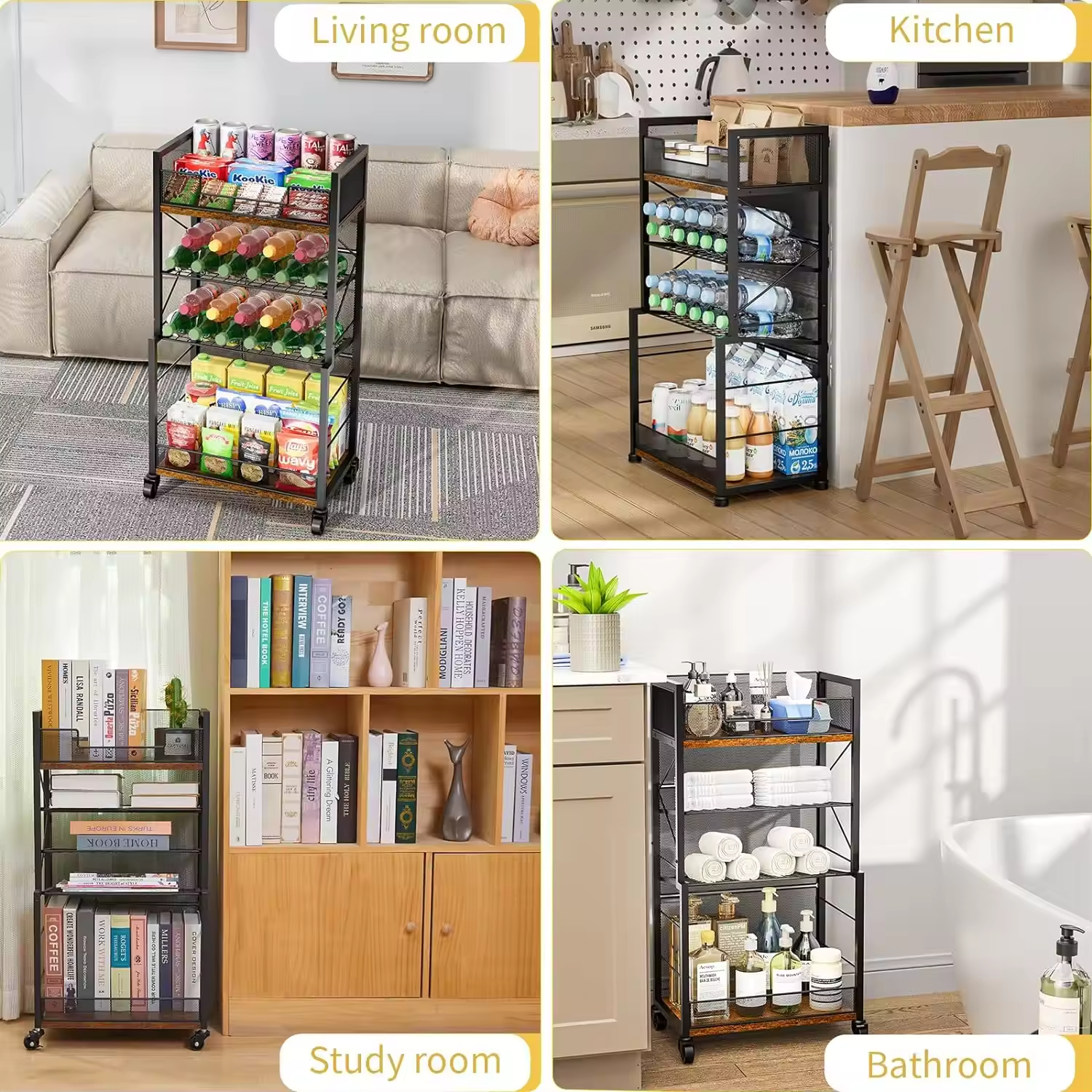 4-tier Rolling Storage Cart Organizer With 2 Mesh Sliding Trays for Home Offices Schools or Living Room Kitchen Shelving