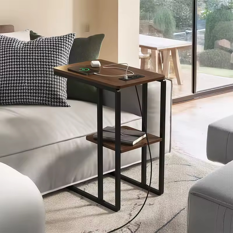 Modern C-Shaped End Table with Metal Base Space-Saving Side Nightstand for Sofa & Bed in Small Home Furniture