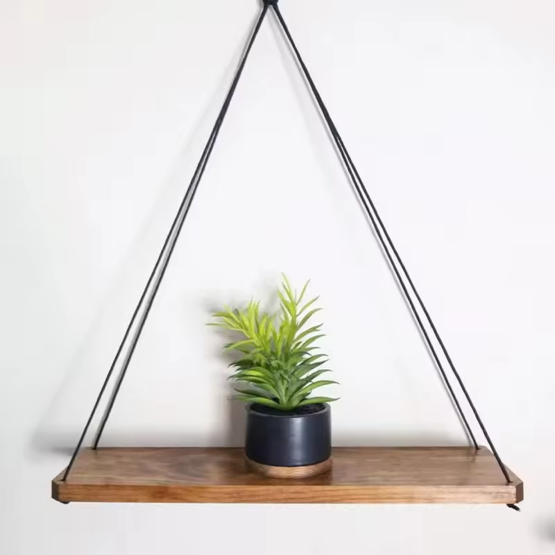 Customized High Quality Rectangle Rope Wood Modern Wall Mounted Simple Storage Rack Dark Brown