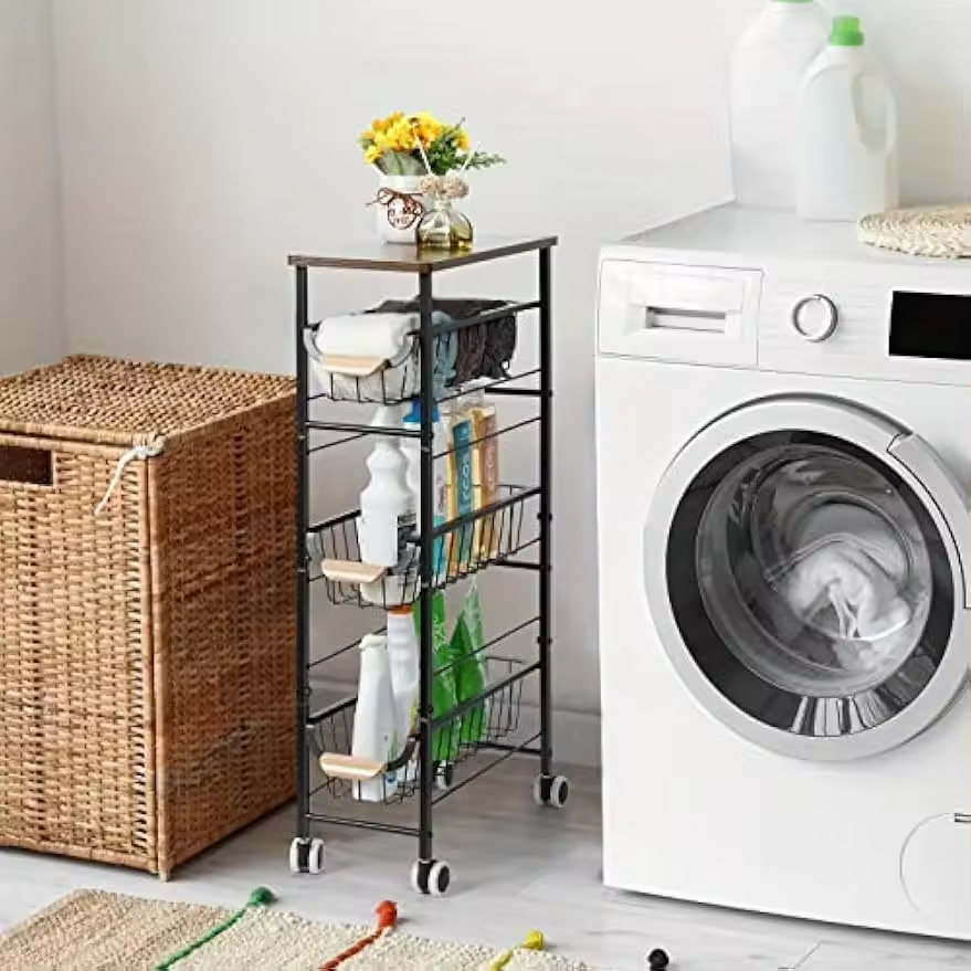 Custom Three-Layer Standing Type Eco-Friendly Metal+Wood Detachable Storage Cart Slim Rolling Utility Living Room Organizer