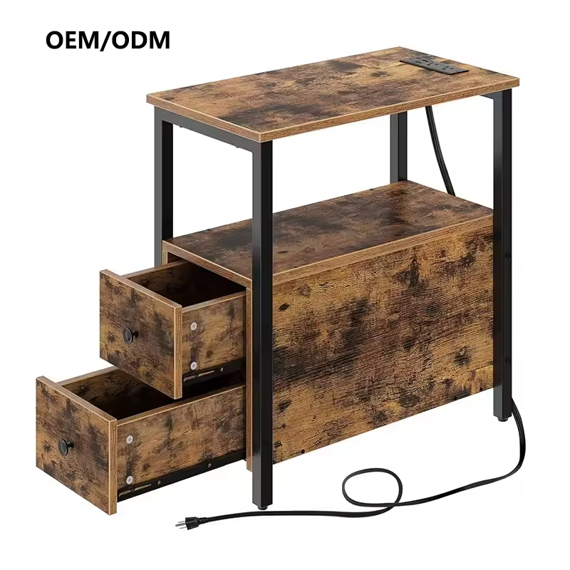 OEM ODM Custom Rustic Style Narrow Side Table 2 Wooden Drawers End Table Charging Station for Livingroom Bedside Home Furniture
