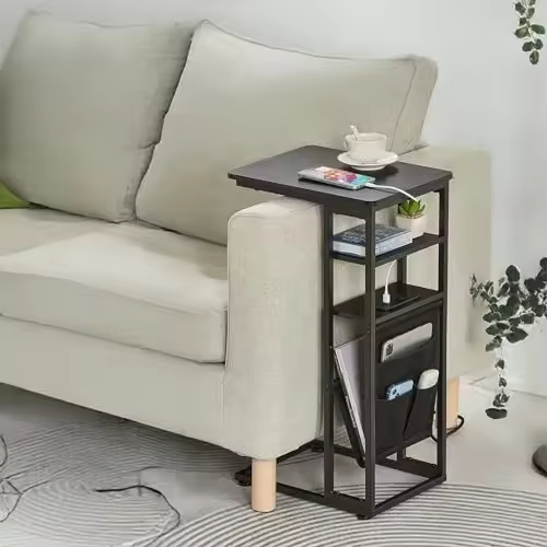 Custom Industrial Style C Shaped Side Table with Charging Station Vintage End Table for Living Room Furniture Direct Factory