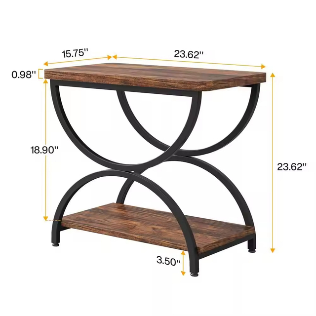 Factory Custom 23.62in Rustic Brown & Black Rectangle Wood End Side Accent Table with Stylish 2-Tier Metal Frame for Dining