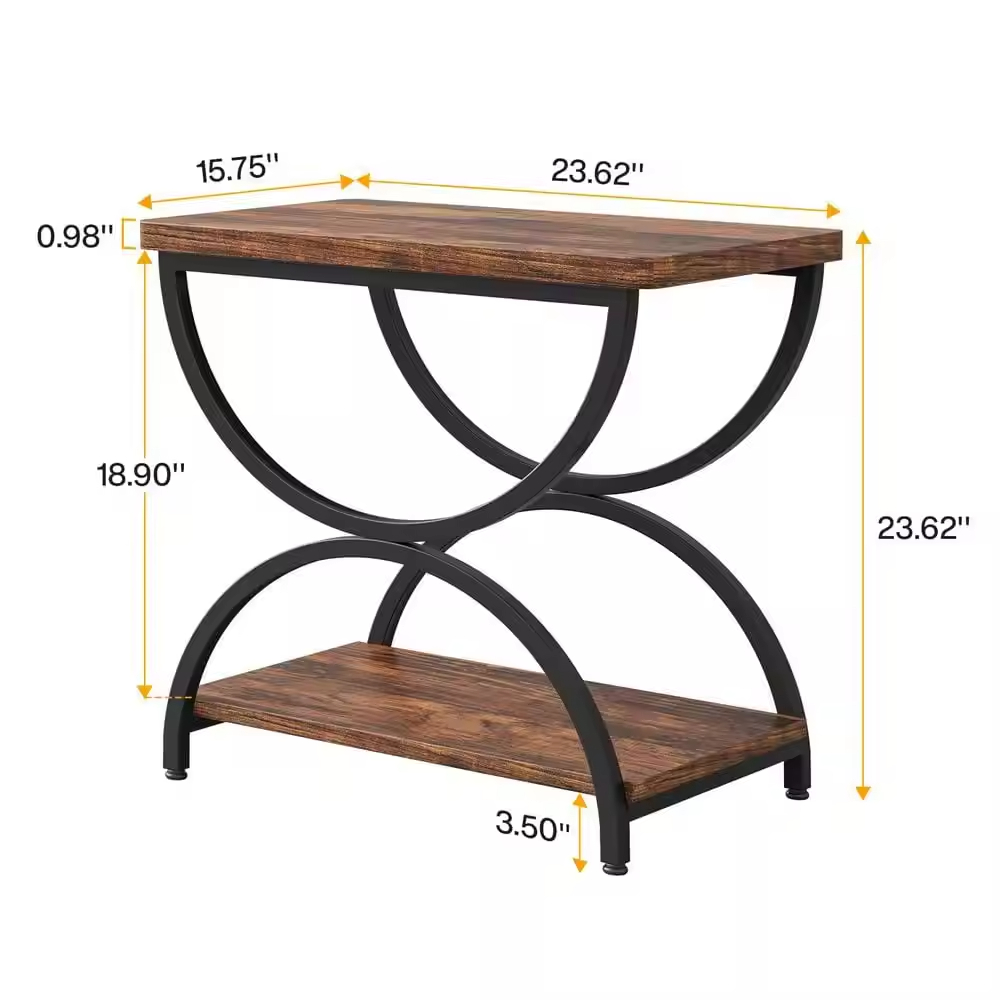 Factory Custom 23.62in Rustic Brown & Black Rectangle Wood End Side Accent Table with Stylish 2-Tier Metal Frame for Dining