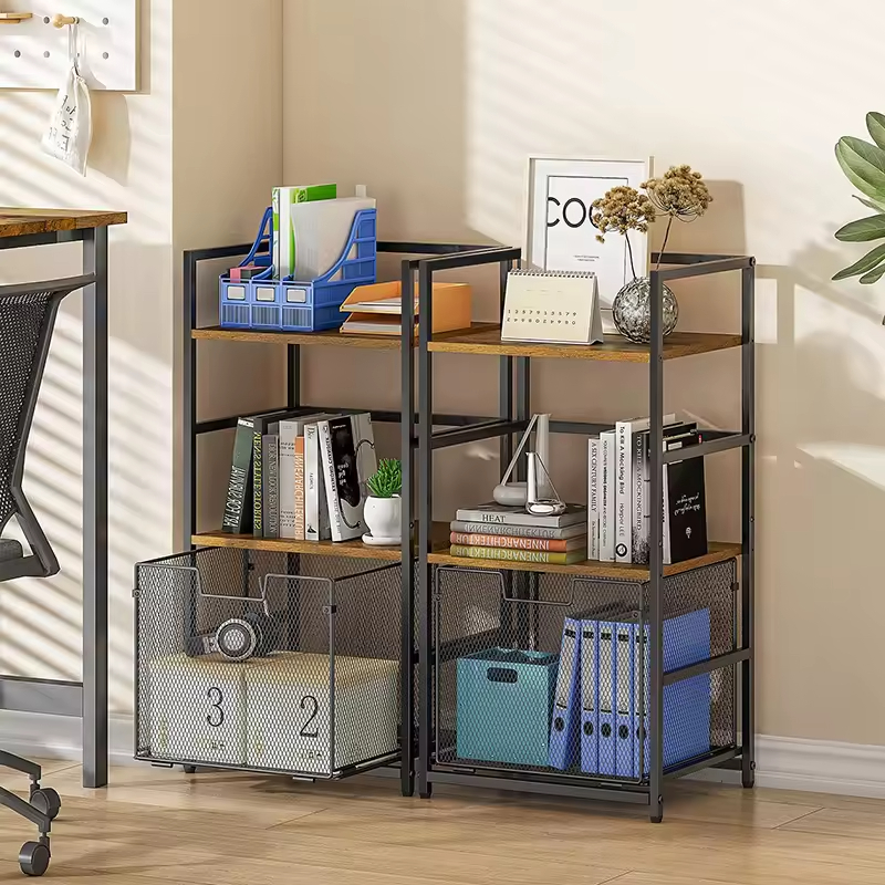Custom 3-Tier Sliding Industrial Bookshelf Short Bookcase Organizer Factory Custom Small Bookcase & Bookshelf Storage