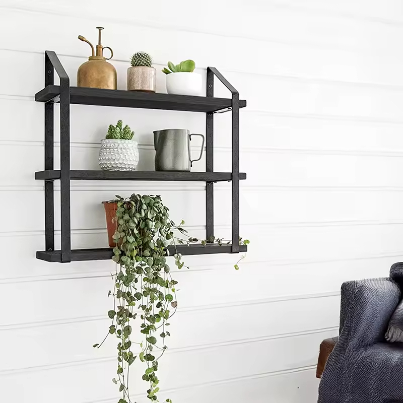 Floating Wall Shelf 3-layer Wall-mounted Wooden Storage Rack with Metal Bracket for Bathroom, Bedroom, Office