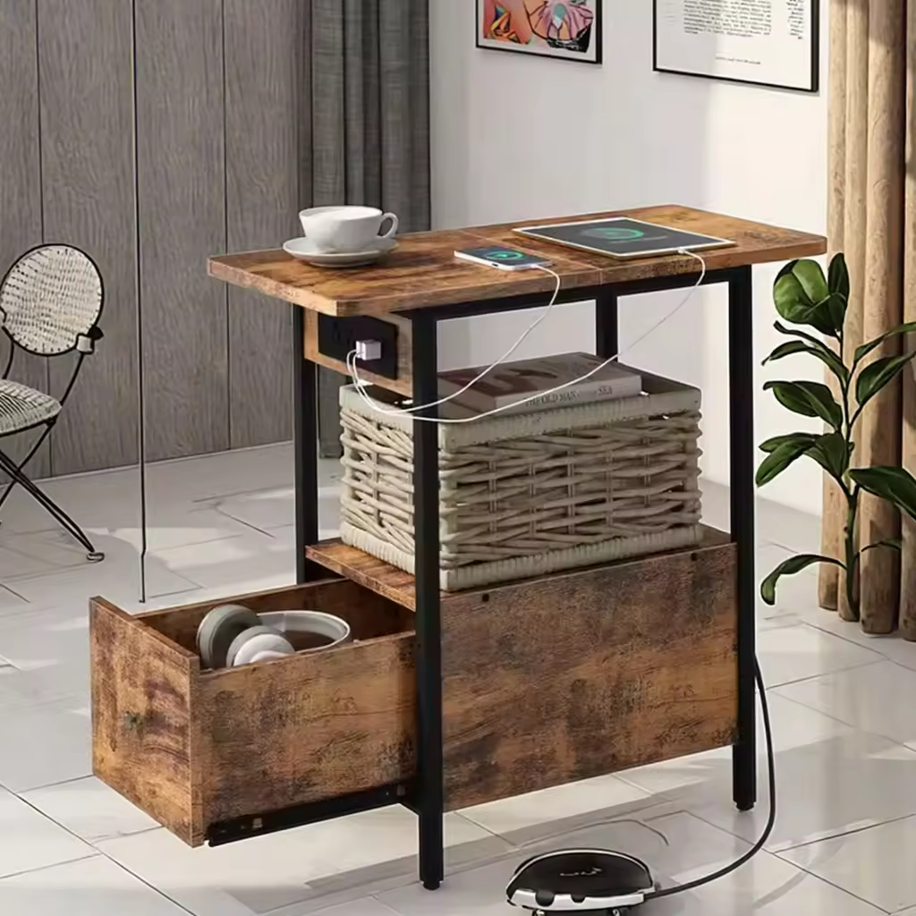 OEM ODM Narrow Console Table Charging Station Wood+Metal Storage Shelves End Table Nightstand Bedside Tables USB Ports Power
