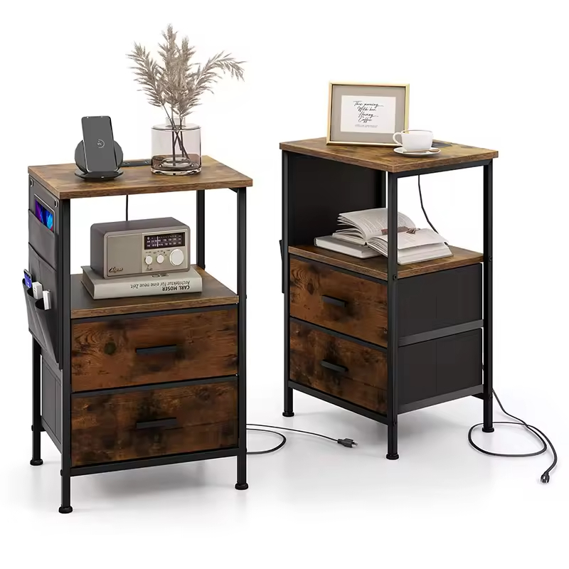 OEM&ODM Convertible Modern Bedroom Nightstand with 2 Drawers Charging Station Wooden and Metal End Table Small Nightstand
