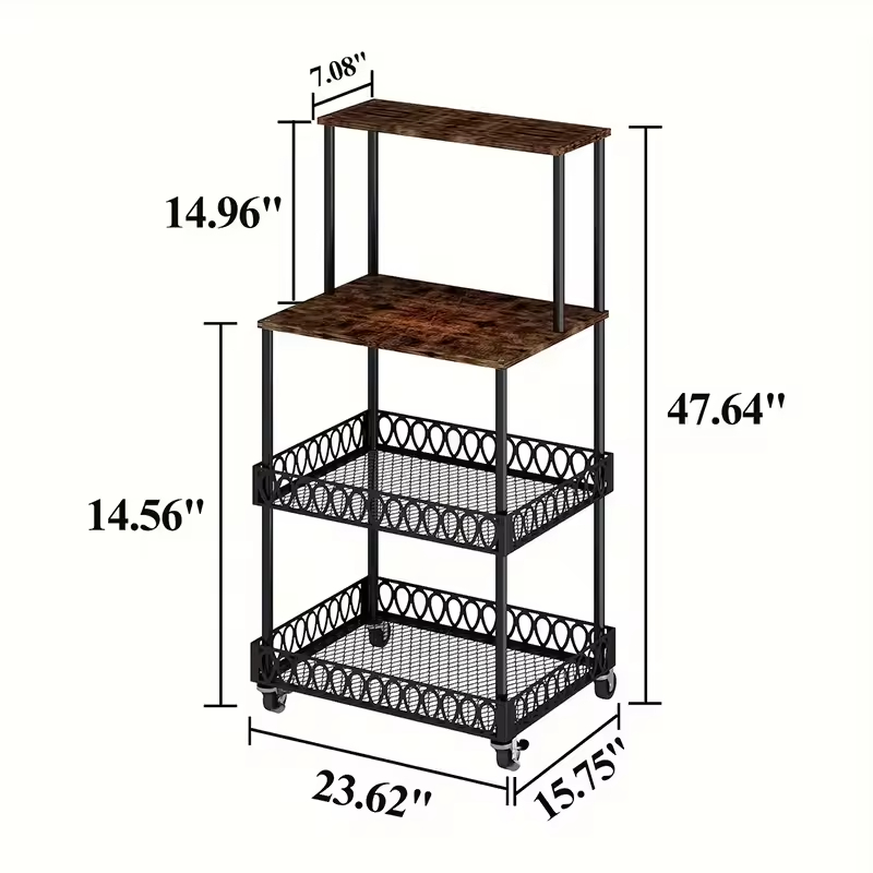 Factory Custom 4-Tier Standing Bakers Rack Smooth-Rolling Wheels for Microwave Storage Spacious Kitchen Kitchen Islands Carts