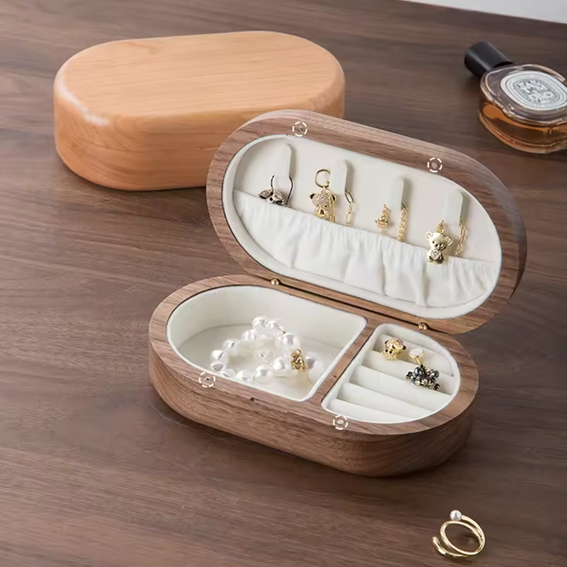 Classy Huina Modern Walnut Wooden Jewelry Organizer Soft Velvet Moist-Resistant Jewellery Box Elegant Space-Saving Home