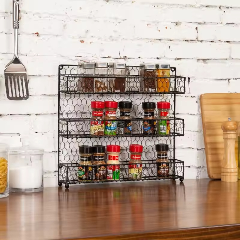 Custom Kitchen Storage Rack Single Tier 27-Jar Stainless Steel Spice Rack Floor Type Eco-Friendly Non-Folding Factory Design