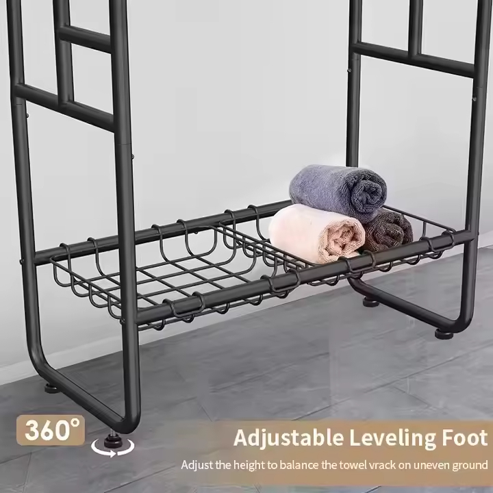 Portable Freestanding Towel Rack Collapsible 3-Tier Design with Baskets & Hooks for Dorm/Laundry Room/Camping