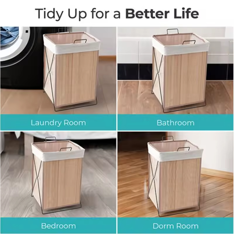 Factory Custom Double Tier Foldable Waterproof Steel & Polyester Wood Bathroom Laundry Hamper with Removable Design