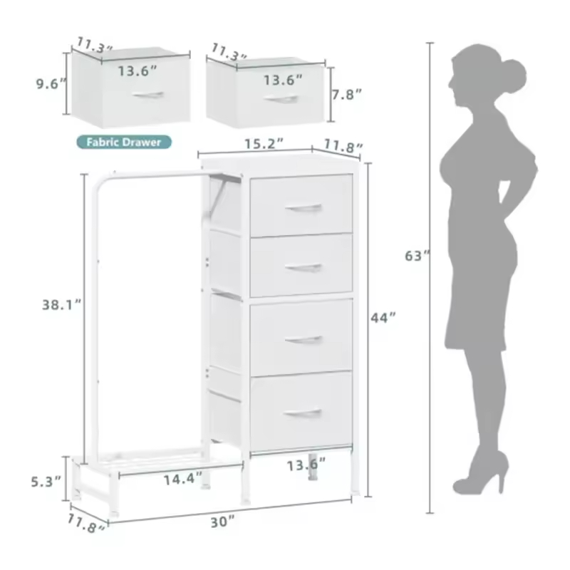 Small Metal Frame Bedroom Organizer with Hanging Rack and 4 Drawers Space-Saving Furniture for Bathroom Hotel Dorm or Closet