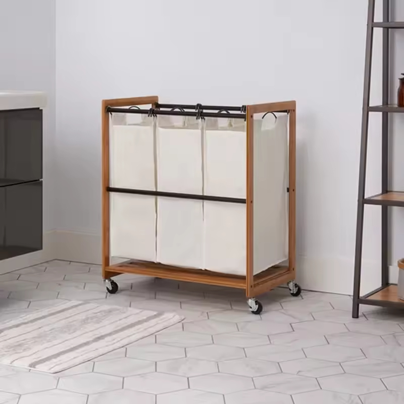OEM & ODM Factory Rolling Laundry Sorter 3-Bag Storage Cart Fabric Handles Wheels for Bathroom Kitchen Use Food-Safe Material