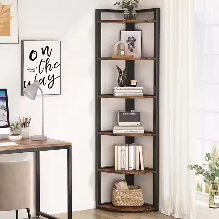 OEM & ODM Spine Shaped 6-Tier Wood Metal Strong Load-Bearing Storage Bookcase Stand-Alone Display Rack for Living Room Corner