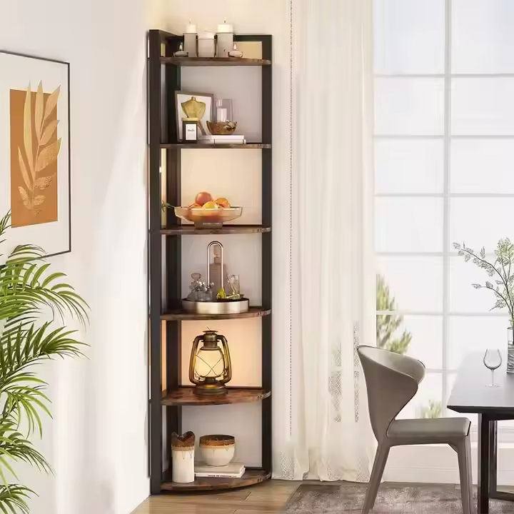 OEM&ODM Spine Shaped 71-Inch Wood 6-Shelf Strong Load-Bearing Bookcase Corner Living Room Metal Wood Display Rack Standing