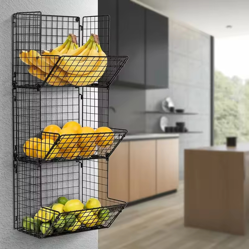 Hot-selling OEM&ODM 3-Tier Metal Fruit Basket Stand in Black Steel Wall Mounted Fruits and Vegetable Storage Basket