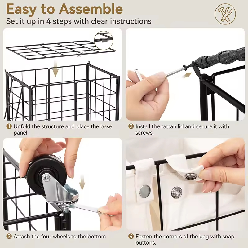 95L Laundry Basket with Lid & Wheels Iron Wire Hamper Removable Fabric Bag for Hotel Hospital Dorm Laundry Room Black/Beige