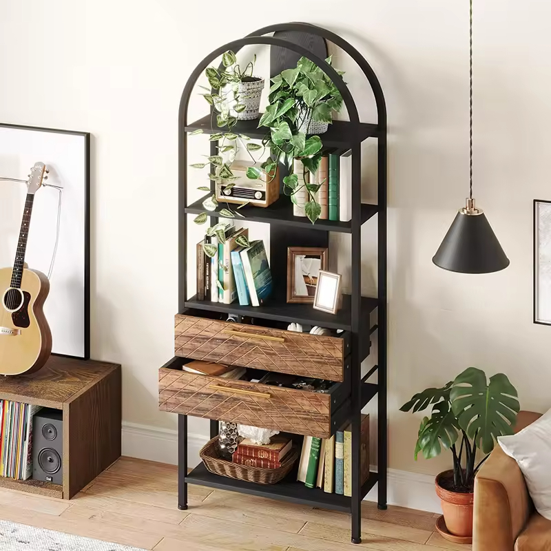 ODM OEM D11.8 H70.86 W27.55 Inch Tall 4-Shelf Standard Bookcase Bookshelf with 2-Drawers and LED Light Factory Direct