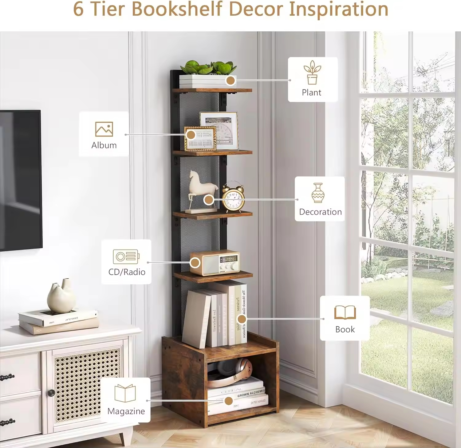 Custom Heavy-Duty 6-Tier Spine Display Shelf Tall Thin Bookcase with 6 Storage Shelves Narrow Display Rack