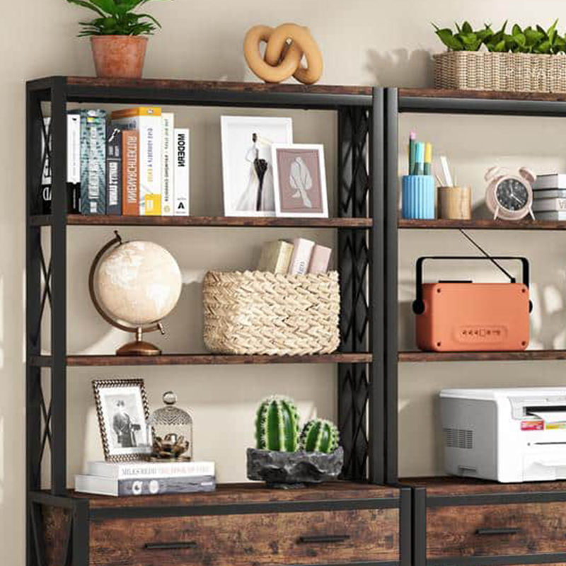 ODM OEM Factory 4- Shelf Industrial Bookcase with Drawer and Doors H69 W28 D14IN Etagere Book Shelves Storage Cabinet