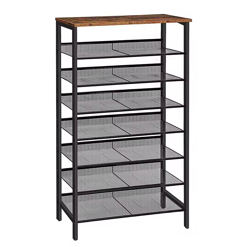 Custom 8-Tier Industrial Rustic Brown Metal Shoe Rack Organizer Sturdy Large Capacity Living Room Shoe Storage
