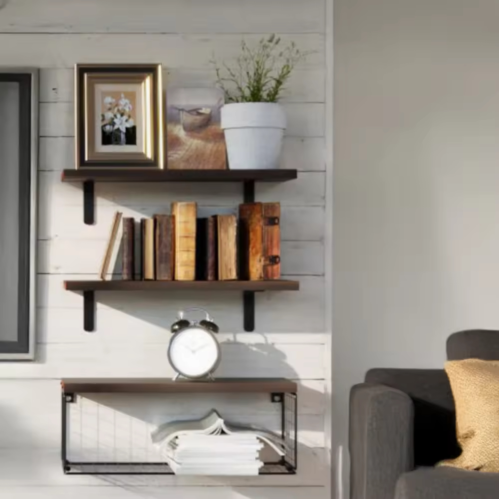 Factory Custom Shower Caddy Shelf Storage Holders Wall Mounted Floating Shelves with Metal Frame Rustic Wood Bathroom Organizer