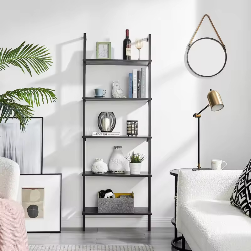 Factory Customize Metal&wood Storage Shelves Living Room Office 5 Tiers Shelf Ladder Bookcase With Black Metal Frame