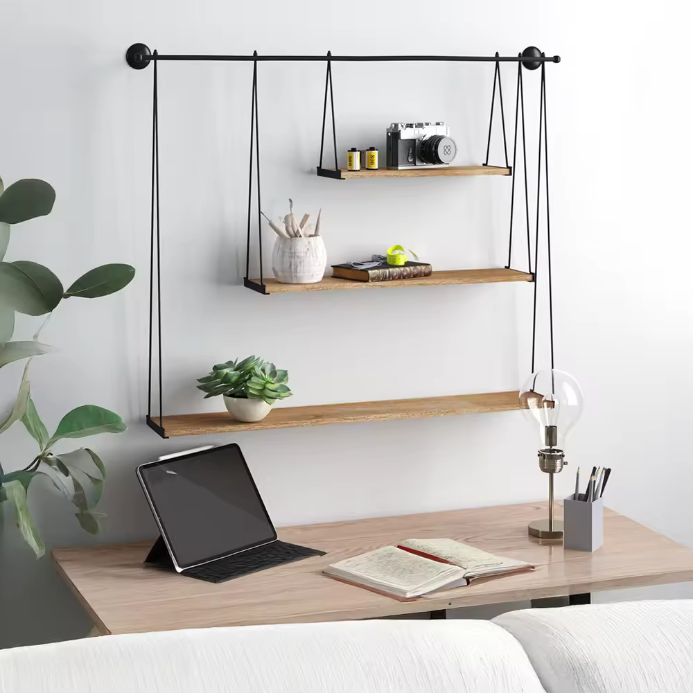 OEM&ODM 3 Piece Floating Shelf Accent Shelf with Towel Bar Ladder Bracket Floating Wall Shelves