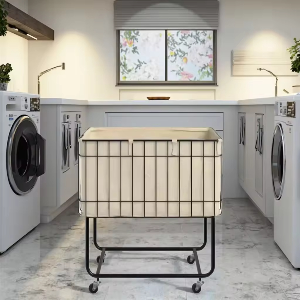 OEM ODM Factory Metal Deep Set Wire Basket Storage Cart Fabric Lining for Kitchen Food Bathroom Beverage Rolling Laundry Basket