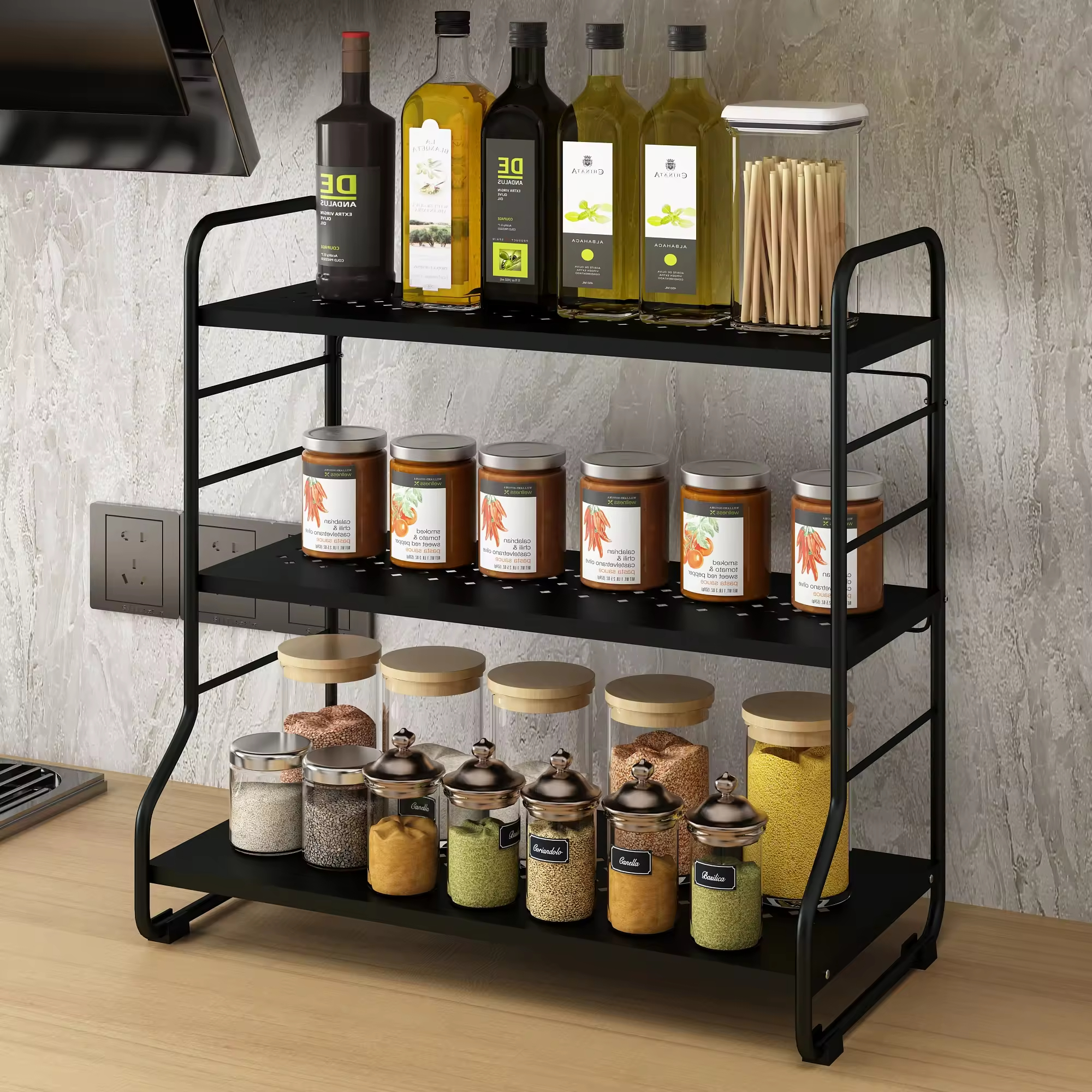 Customizable 3-Tier Black Metal Countertop Storage Rack Adjustable for Kitchen Living Room Factory's Freestanding Storage
