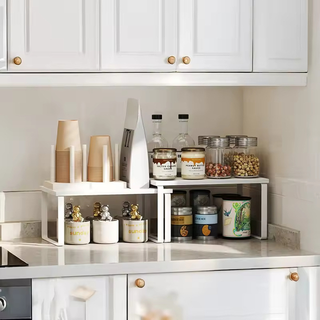 Customized Black Stackable Cabinet Storage Rack Wooden Metal 2 Set with Double Tiers for Kitchen & Living Room Organizer