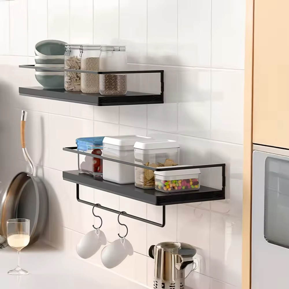 OEM & ODM 2-Piece Metal Floating Shelf Towel Bar Multifunctional for Magic Sticker Shower Rack for Kitchen Spice Rack Shelf