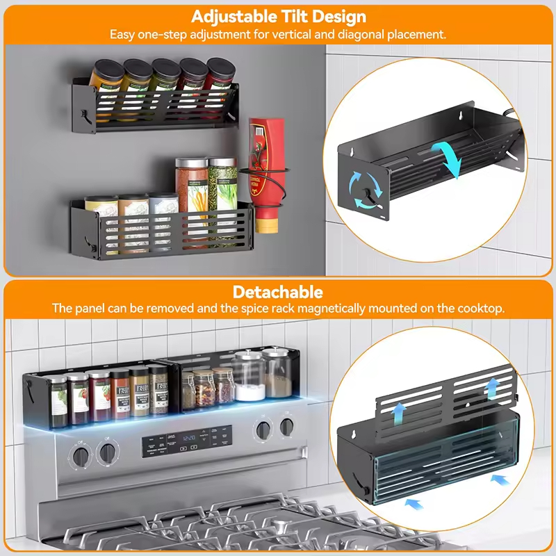 Custom Wall Mounted Fridge Shelves with 2 Spiral Holder and 8 Hooks for Kitchen and Stove Magnetic Refrigerator Spice Rack