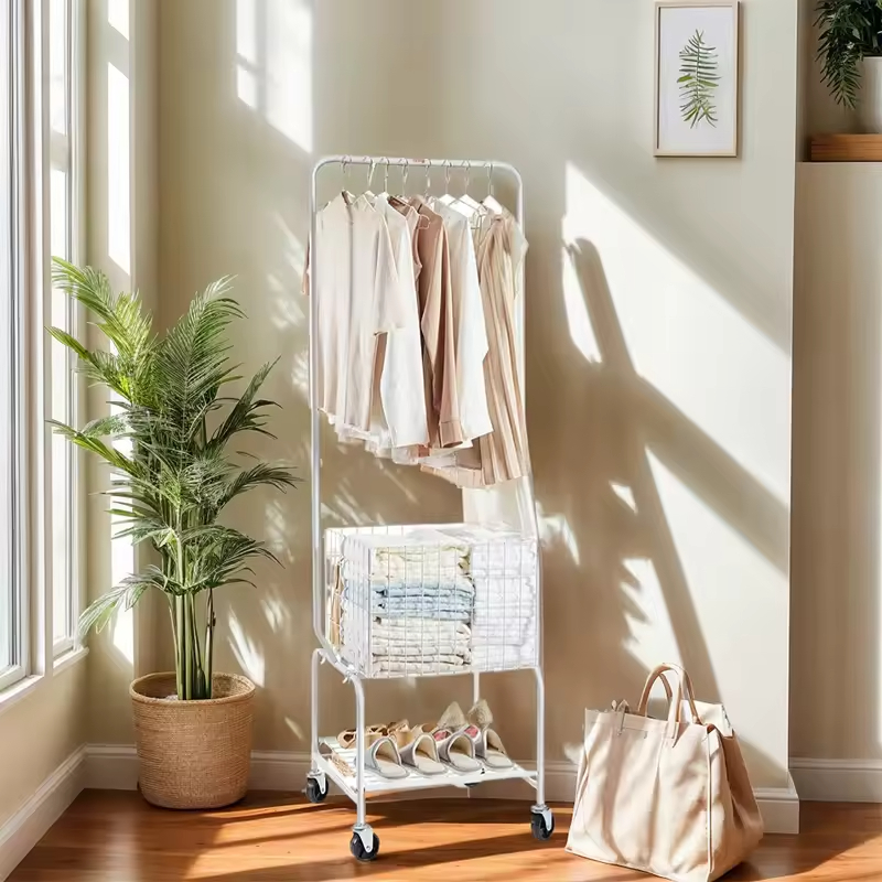 Heavy-Duty Metal Laundry Cart with 4 Wheels Hanging Rack Mobile Bathroom Organizer Commercial Laundry Hamper for Hotel Apartment