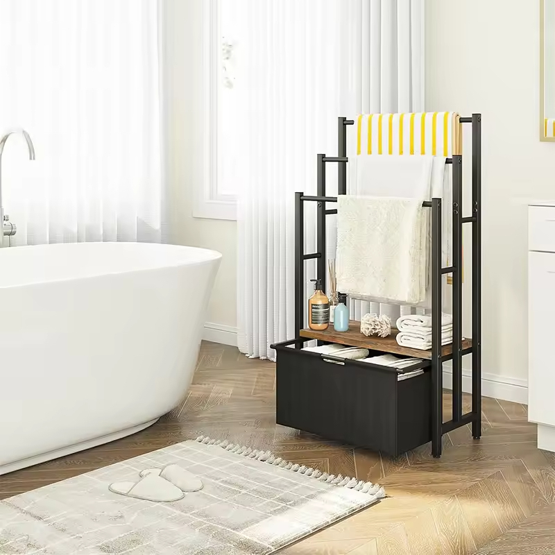 3-Layer Freestanding Indoor/Outdoor Metal Towel Rack with 2 Detachable Storage Baskets and 6 Hooks Also Features Blanket Rack