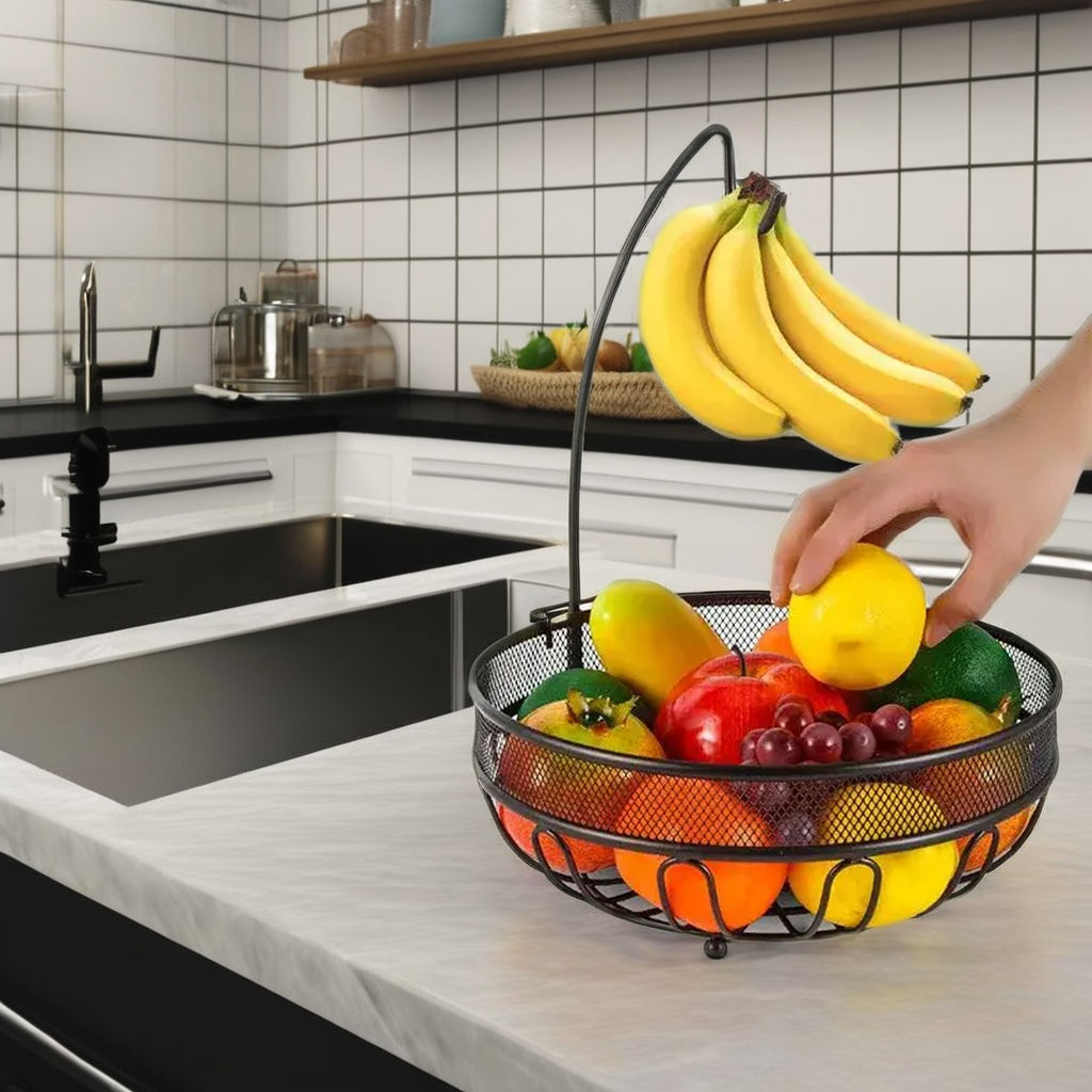 Custom Metal Fruit Basket Bowl with Banana Tree Hanger Kitchen Storage for Vegetables Snacks Bread-Adjustable Eco-Friendly Rack