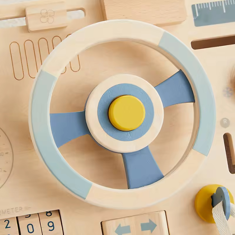 Wooden Modern Rectangle Driving Steering Wheel Toy Kids Busy Board Durable Early Educational Driver Pretend Play Set