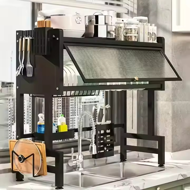 Custom Multi-Functional Double Kitchen Storage Rack Iron Sliding Organizer Cabinet Door Sink Dish Tray Counter Top Drain Rack