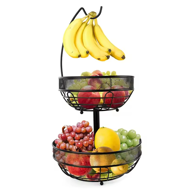Custom 2-Tier Sturdy Metal Fruit and Vegetable Basket with Banana Hanger 2 Layers Kitchen Counter Fruit Bowls for Food Use