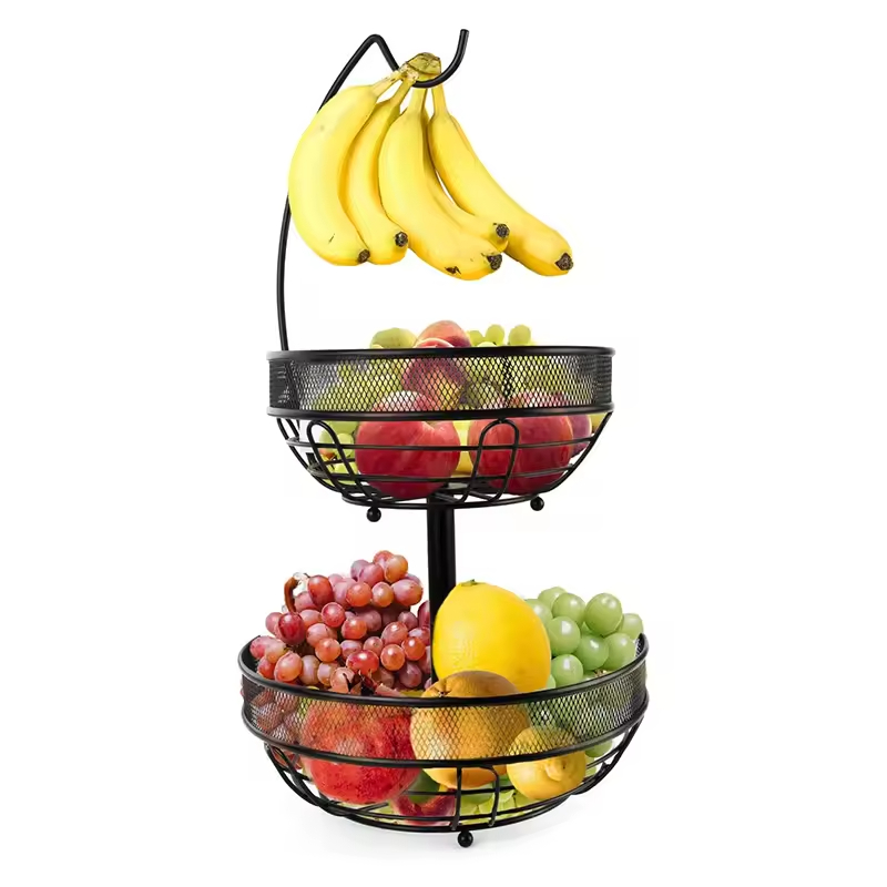 Custom 2-Tier Sturdy Metal Fruit and Vegetable Basket with Banana Hanger 2 Layers Kitchen Counter Fruit Bowls for Food Use