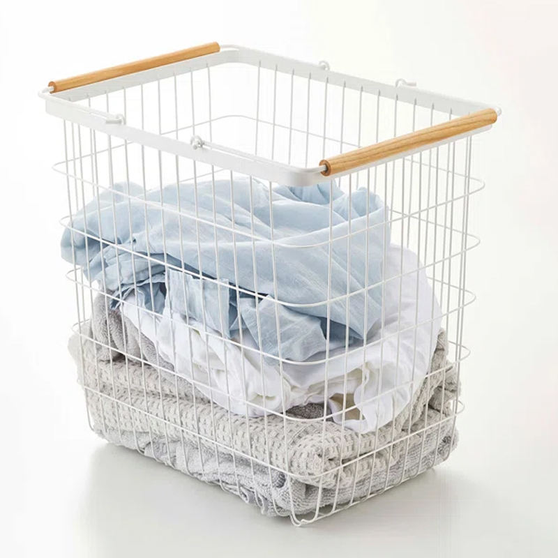 Factory Custom Rectangle Home Slim Rolling Laundry Basket Hamper Steel Rolling Laundry Storage Basket With Ring Handles
