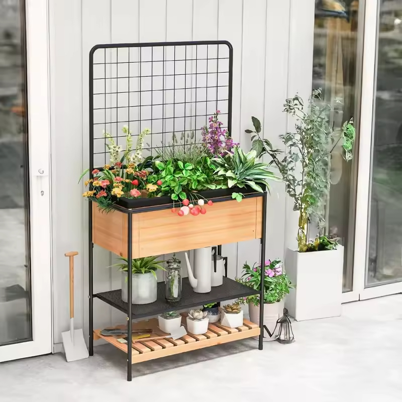 Factory Customizable 59\" Raised Wooden Garden Bed with Metal Trellis Open Storage Shelves & Drain Holes Bookcases & Bookshelves