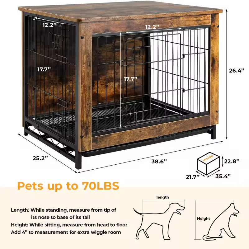 Heavy-Duty Wooden Dog Crate Furniture Indoor End Table Night Stand with Removable Tray Easy Standing Installation for Tools