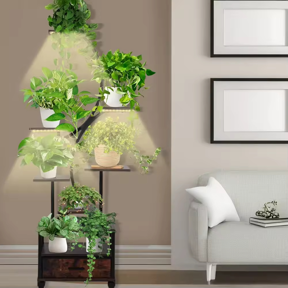 Customized 7-Tiered Indoor Tall Plant Stand Gold Finish 7-Drawer Storage OEM Customizable Metal Tree Shape Flower Pots Planters