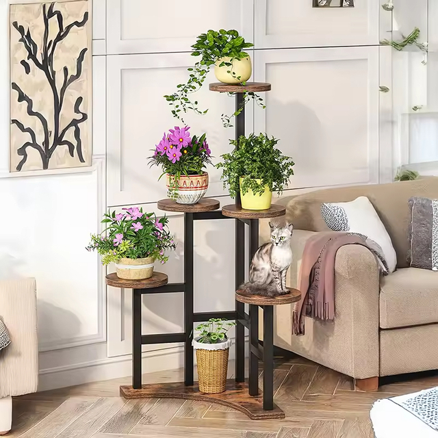 Factory Custom Modern Wood+Metal Powder Coated Plant Stand Tree Shape Tripod Design 3-tier Stylish Indoor/Outdoor Display